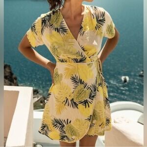 Bohme Shauna Tropical Mini Wrap Dress Apricot Green Yellow Womens‎ Small
